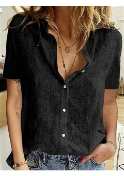Kadın Kısa Kollu Basic Keten Gömlek
