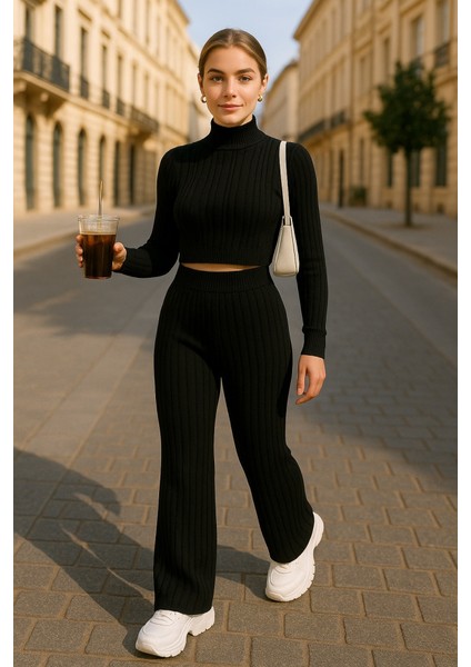 Kadın Uzun Kollu Balıkçı Yaka Krop ve Pantolon Şardonlu Kaşkorse Ikili Takım fiyatları