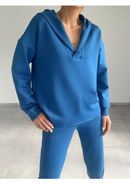 Kadın Uzun Kol V Yaka Kapüşon Detay Sweat ve Yüksel Bel Eşofman Ikili Takım indirimleri