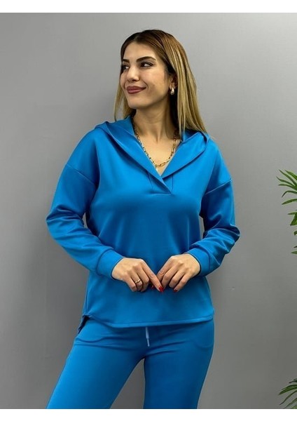 Kadın Uzun Kol V Yaka Kapüşon Detay Sweat ve Yüksel Bel Eşofman Ikili Takım