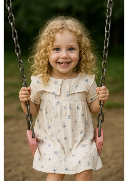 Müslin Yakalı Mavi Renkli Çiçekli Elbise