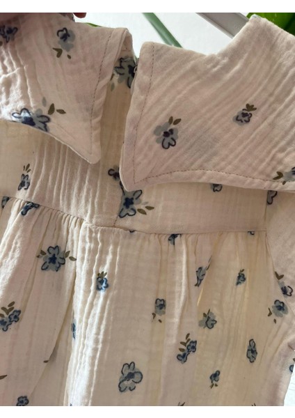 Müslin Yakalı Mavi Renkli Çiçekli Elbise modelleri