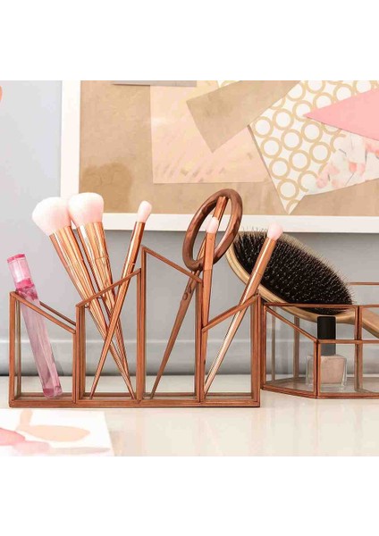 Bakır Cam Organizer – Kalemlik / Makyaj Fırçalık / Masaüstü Düzenleyici | Şıklığı Masanıza Taşıyın