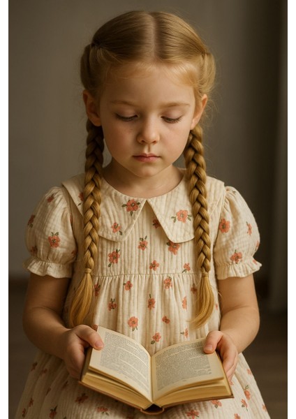 Müslin Pembe Renkli , Çiçek Baskılı , Yakalı Kız Çocuk Elbise