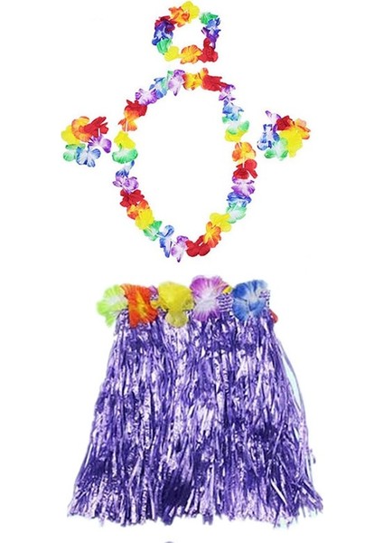 Luau Aloha Hawaii Kolye Etek Taç ve Bileklik Seti Mor (5250)