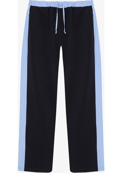 Kontrast Şeritli Bel Detaylı Bol Paça Pantolon Mavi