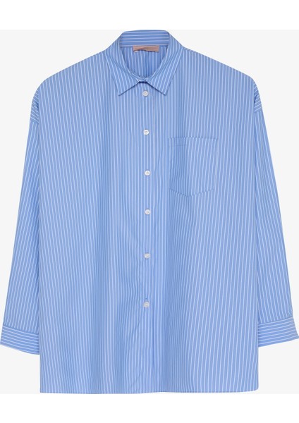 Sırtı Yazı Baskılı Oversize Çizgili Gömlek Mavi