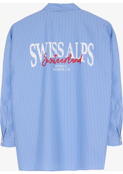 Sırtı Yazı Baskılı Oversize Çizgili Gömlek Mavi fiyatları