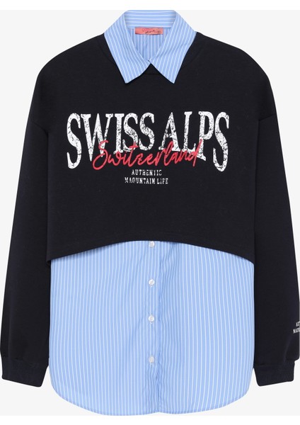 Çizgili Gömlek Garnili Yazı Baskılı Oversize Sweatshirt Mavi