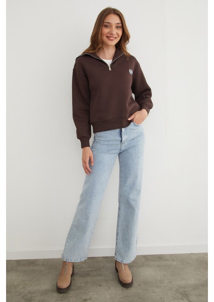 3 Iplik Kalp Nakışlı Yarım Fermuarlı Sweatshirt modelleri