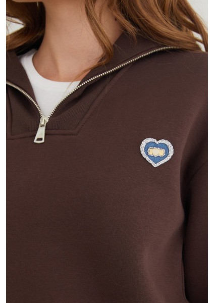 3 Iplik Kalp Nakışlı Yarım Fermuarlı Sweatshirt fırsatları
