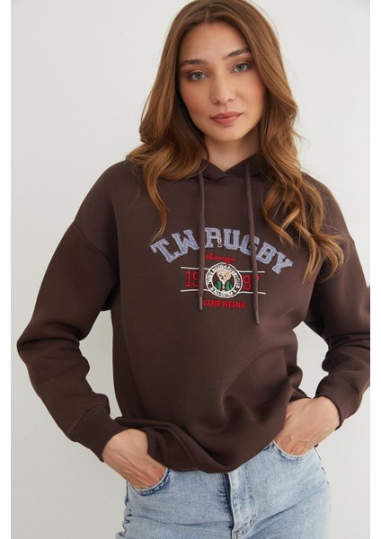 3 Iplik Rugby Nakışlı Kapüşonlu Sweatshirt