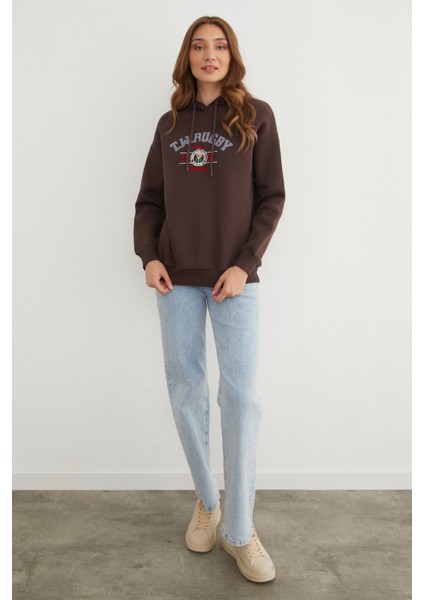 3 Iplik Rugby Nakışlı Kapüşonlu Sweatshirt indirimleri