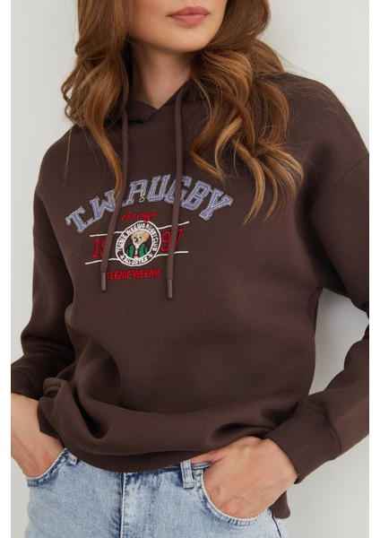 3 Iplik Rugby Nakışlı Kapüşonlu Sweatshirt