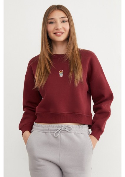 3 Iplik Ayıcık Nakışlı Bisiklet Yaka Sweatshirt