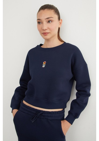 3 Iplik Ayıcık Nakışlı Bisiklet Yaka Sweatshirt