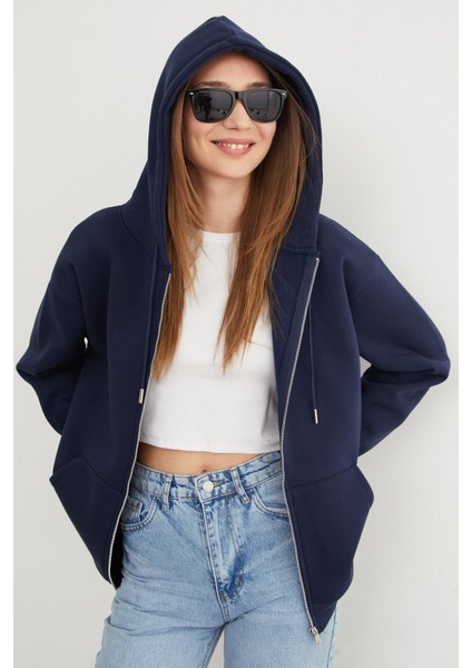 Basic Fermuarlı Kapüşonlu Oversize Sweatshirt