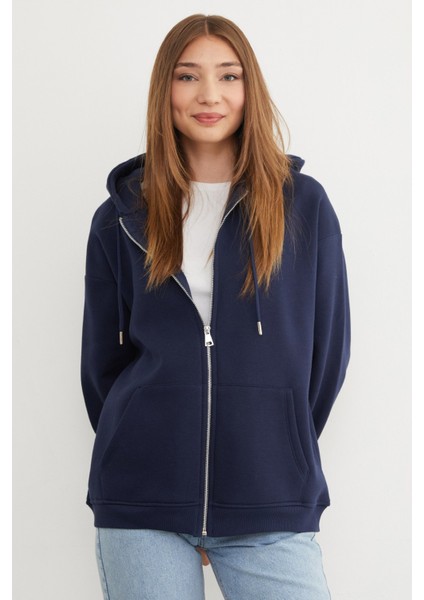 Basic Fermuarlı Kapüşonlu Oversize Sweatshirt modelleri