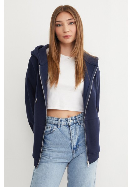 Basic Fermuarlı Kapüşonlu Oversize Sweatshirt indirimleri