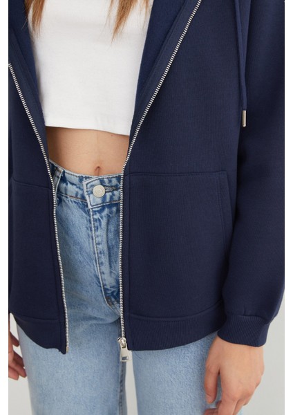 Basic Fermuarlı Kapüşonlu Oversize Sweatshirt