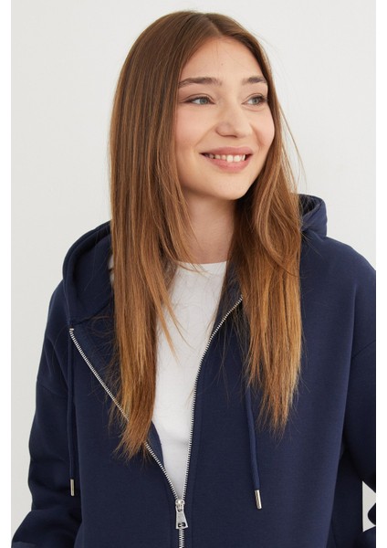Basic Fermuarlı Kapüşonlu Oversize Sweatshirt