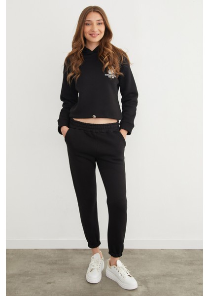 3 Iplik Ayıcık Nakışlı Kapüşonlu Jogger Takım