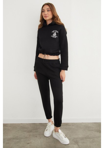 3 Iplik Ayıcık Nakışlı Kapüşonlu Jogger Takım