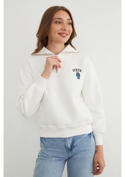 3 Iplik Ayıcık Nakışlı Yarım Fermuarlı Sweatshirt