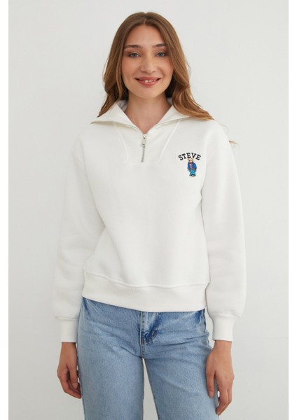 3 Iplik Ayıcık Nakışlı Yarım Fermuarlı Sweatshirt fiyatları