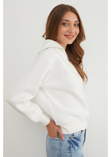 3 Iplik Ayıcık Nakışlı Yarım Fermuarlı Sweatshirt