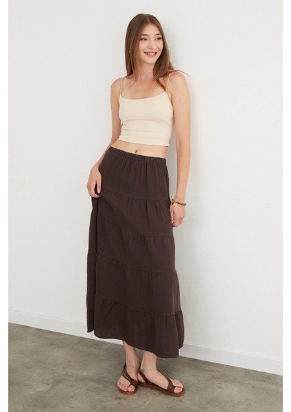Beli Lastikli Keten Görünümlü Etek