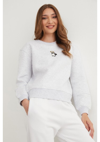 3 Iplik Ayıcık Nakışlı Bisiklet Yaka Sweatshirt