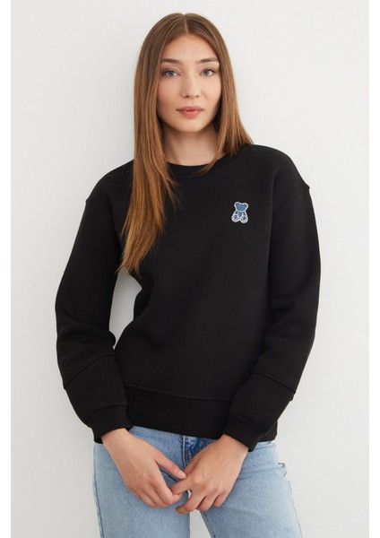 3 Iplik Taş Işlemeli Ayıcık Nakışlı Sweatshirt