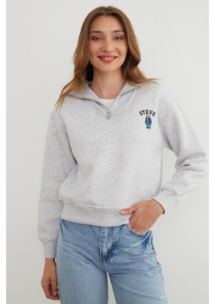 3 Iplik Ayıcık Nakışlı Yarım Fermuarlı Sweatshirt