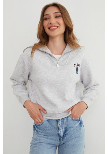 3 Iplik Ayıcık Nakışlı Yarım Fermuarlı Sweatshirt modelleri