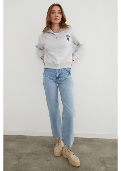 3 Iplik Ayıcık Nakışlı Yarım Fermuarlı Sweatshirt fırsatları