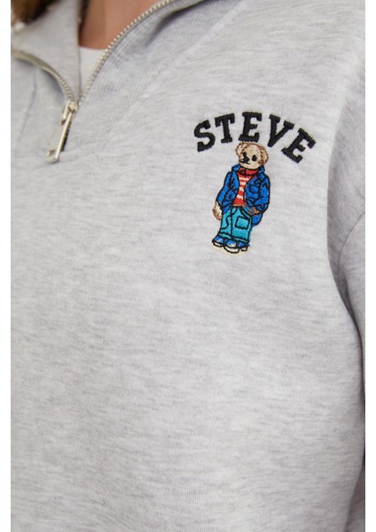 3 Iplik Ayıcık Nakışlı Yarım Fermuarlı Sweatshirt indirimleri