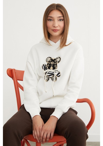 3 Iplik Ayıcık Nakışlı Cepli Kapüşonlu Oversize Sweatshirt