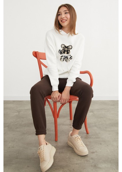 3 Iplik Ayıcık Nakışlı Cepli Kapüşonlu Oversize Sweatshirt modelleri