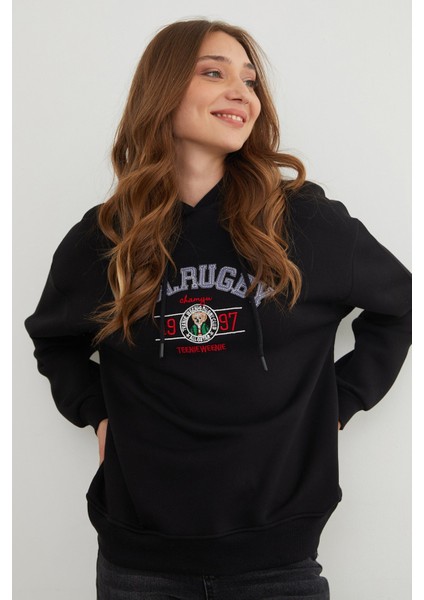 3 Iplik Rugby Nakışlı Kapüşonlu Sweatshirt