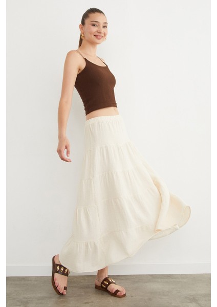 Beli Lastikli Keten Görünümlü Etek