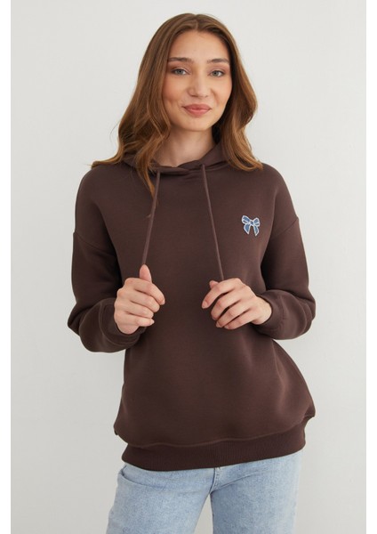 3 Iplik Fiyonk Işlemeli Kapüşonlu Sweatshirt