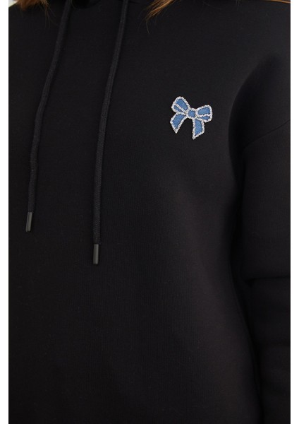 3 Iplik Fiyonk Işlemeli Kapüşonlu Sweatshirt