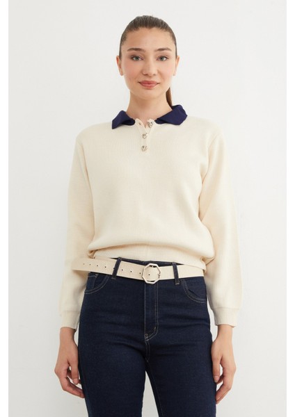 Basic Gömlek Yaka Yarım Düğmeli Triko Kazak