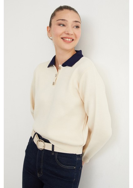 Basic Gömlek Yaka Yarım Düğmeli Triko Kazak fiyatları