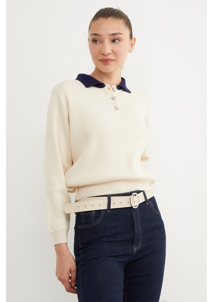 Basic Gömlek Yaka Yarım Düğmeli Triko Kazak fırsatları