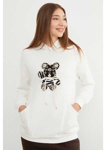 3 Iplik Ayıcık Nakışlı Cepli Kapüşonlu Oversize Sweatshirt fiyatları