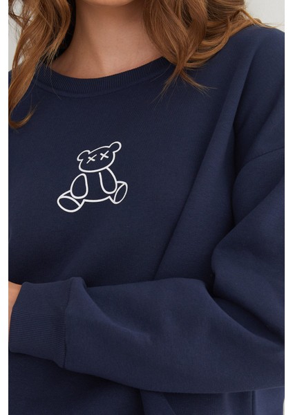 3 Iplik Ayıcık Baskılı Bisiklet Yaka Sweatshirt