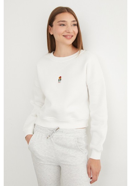 3 Iplik Ayıcık Nakışlı Bisiklet Yaka Sweatshirt