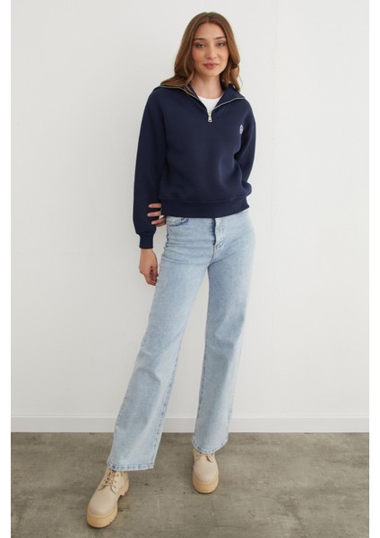 3 Iplik Kalp Nakışlı Yarım Fermuarlı Sweatshirt modelleri